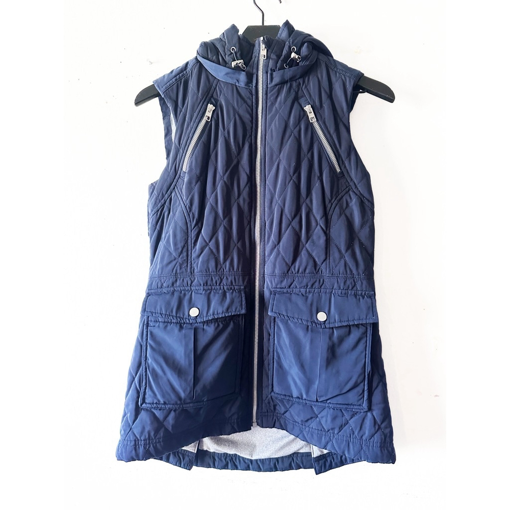Athleta Teton Navy Quilted Hooded Zip Front Utility Vest Women's Size XS